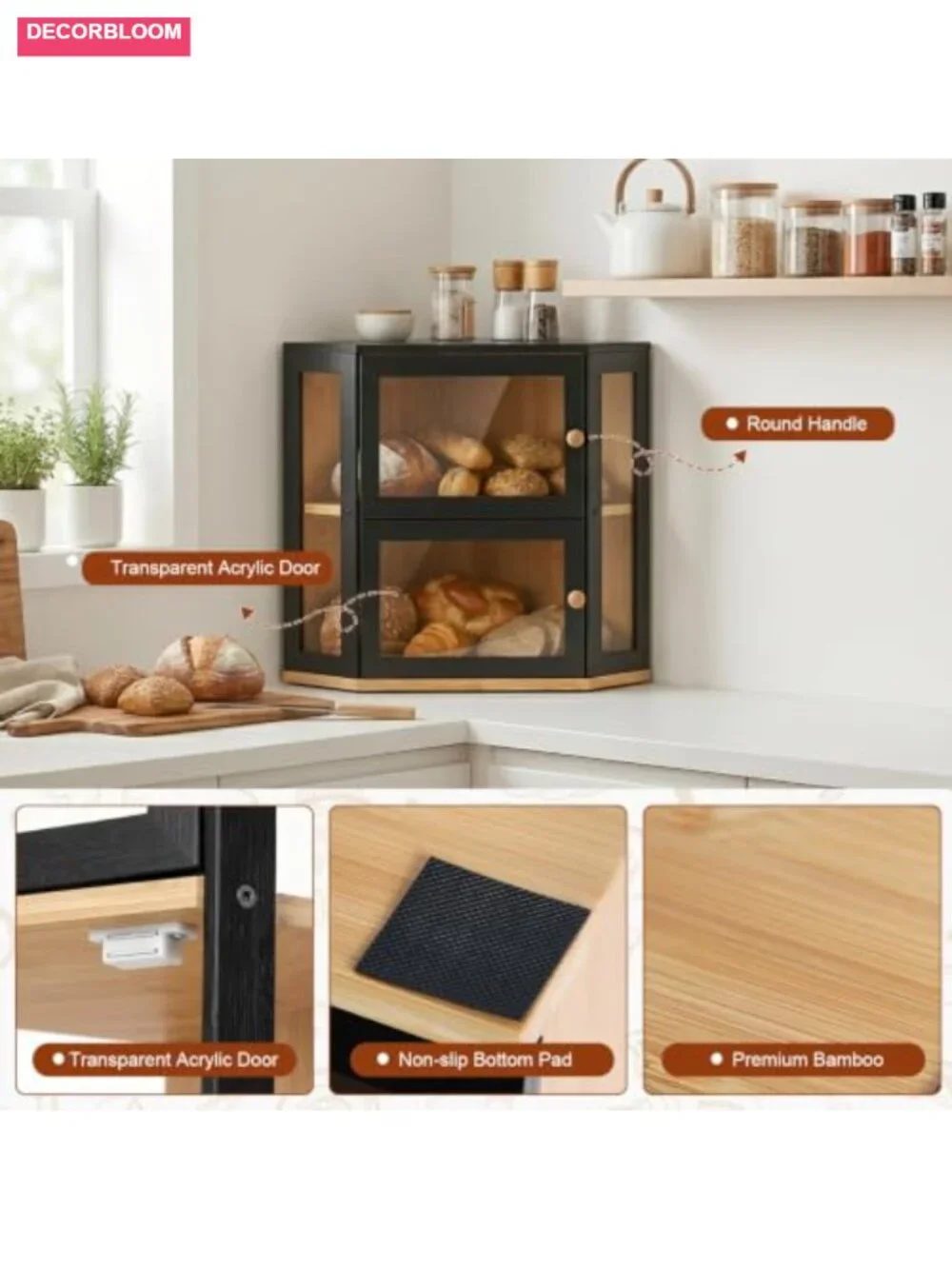 Corner Bread Box, Extra Large Double Layer Bamboo with Acrylic Door for Kitchen